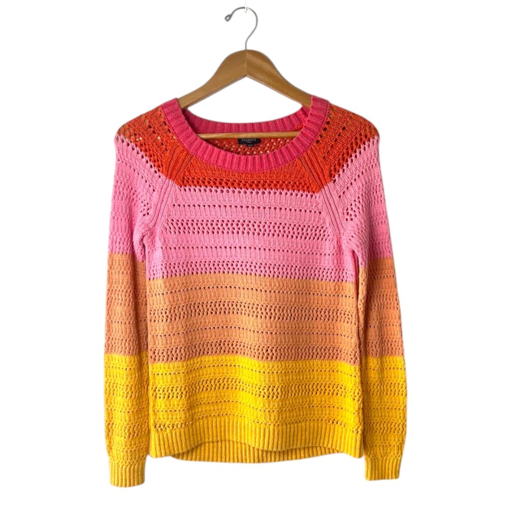 Talbots Petite Crochet Knit Sweater Pink Orange Yellow Colorblock Lightweight SP
